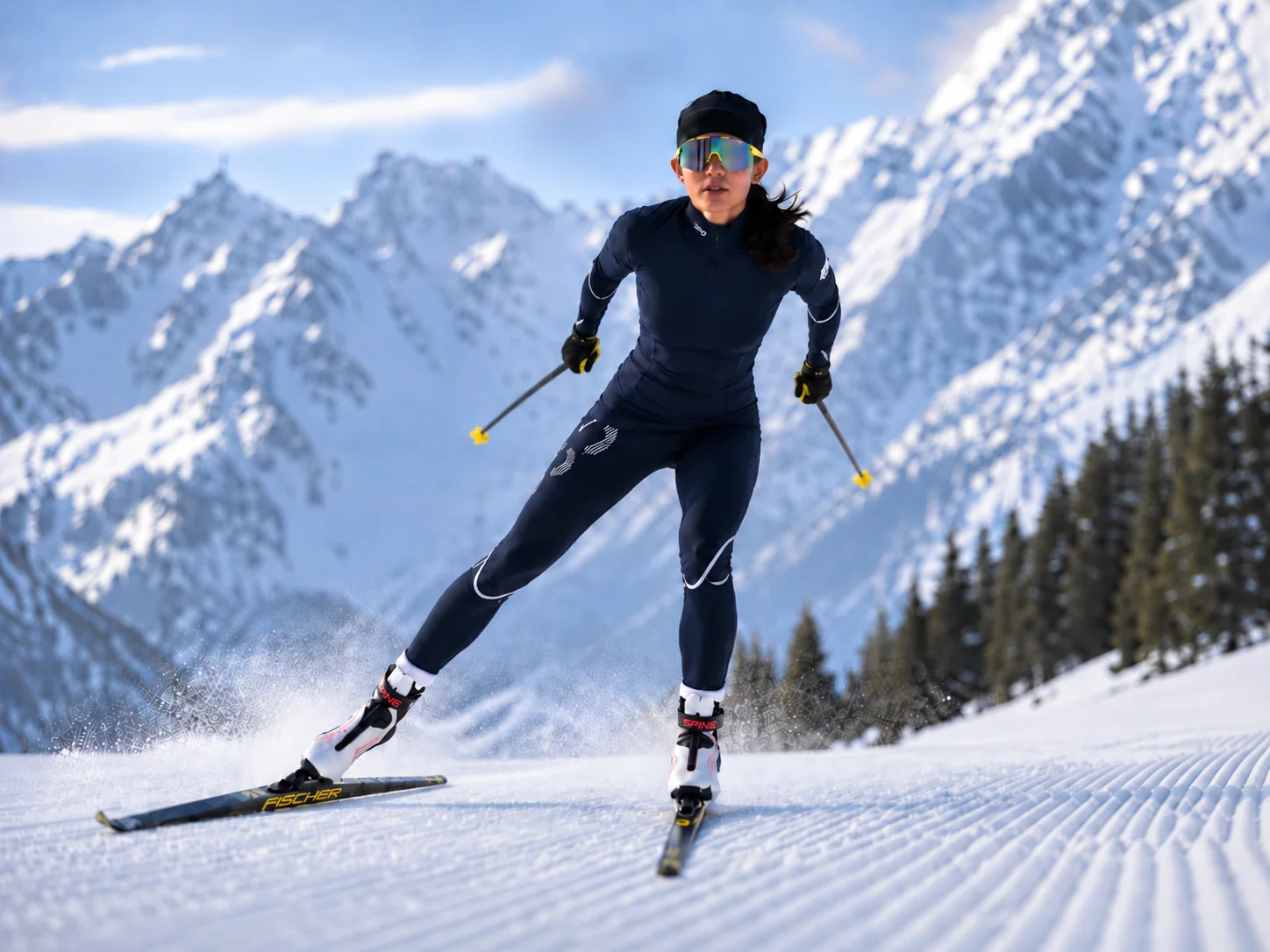Bhavani Thekkada skating along a groomed piste, poles swung wide, snow lifting from her skis, alpine peaks behind her.